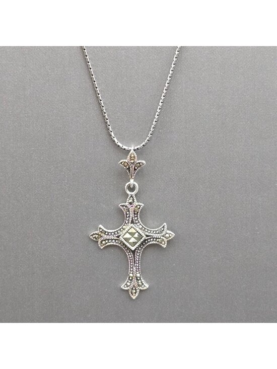 Unbranded Jewelry - Vintage Sterling Silver Marcasite Cross Pendant Necklace Statement Gothic Style